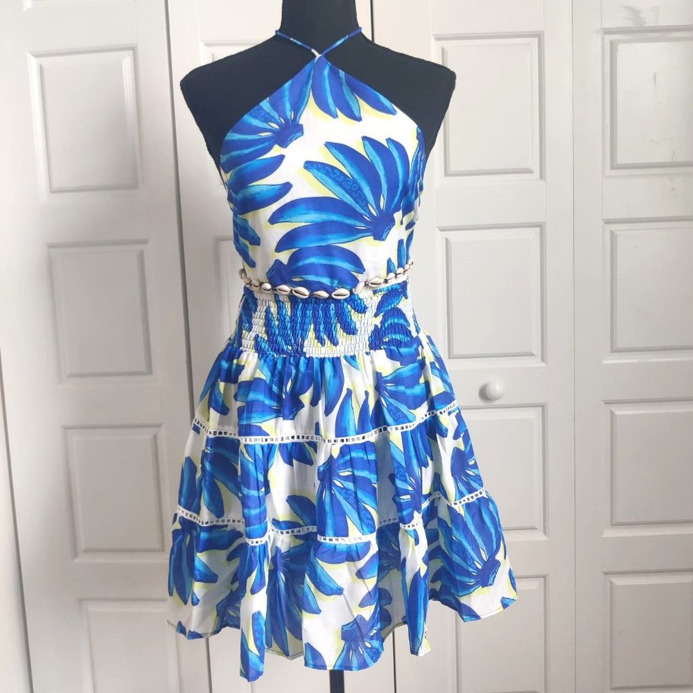 HT360 Collective top,mini skirt and maxi skirt set ,blue and white banana print